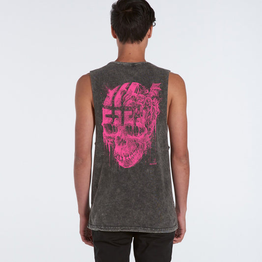 Where Is My Mind: Big Pink Skull Stonewash Premium Unisex Muscle Vest
