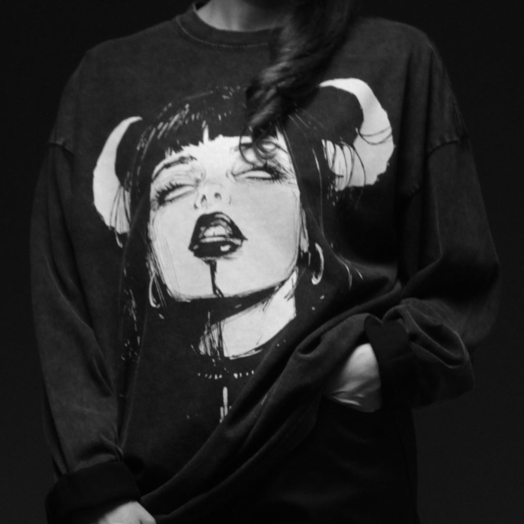 Horny Premium White Label Acid Wash Oversize Long Sleeve T-Shirt