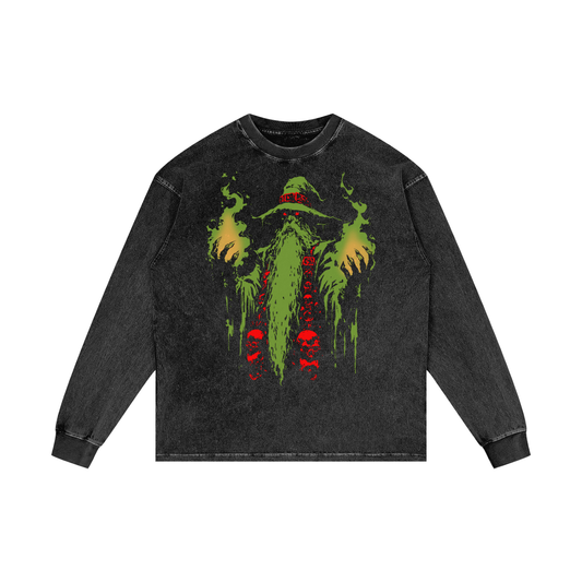 Doom Wizard Premium White Label Acid Wash Oversize Long Sleeve T-Shirt Psychedelic Edition