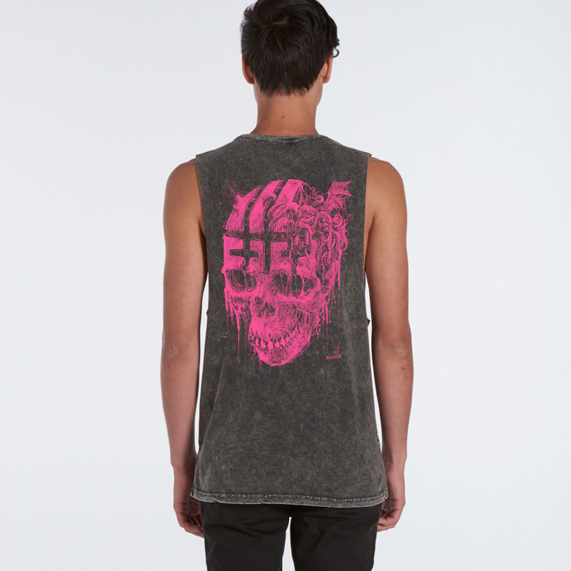 Where Is My Mind: Big Pink Skull Stonewash Premium Unisex Muscle Vest