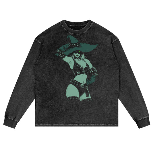 Bad Moon Rising Premium White Label Acid Wash Oversize Long Sleeve T-Shirt